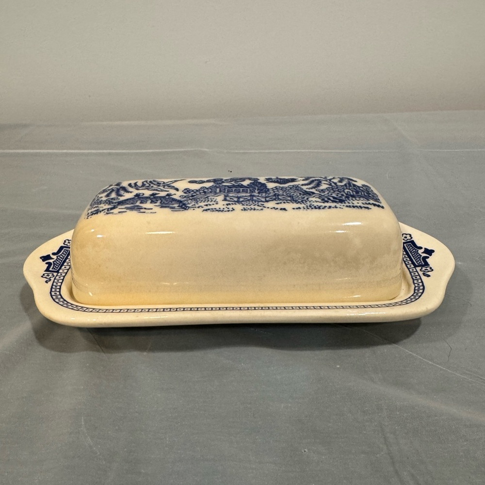 Vintage Blue White Transferware Butter Dish w Lid Cottagecore
